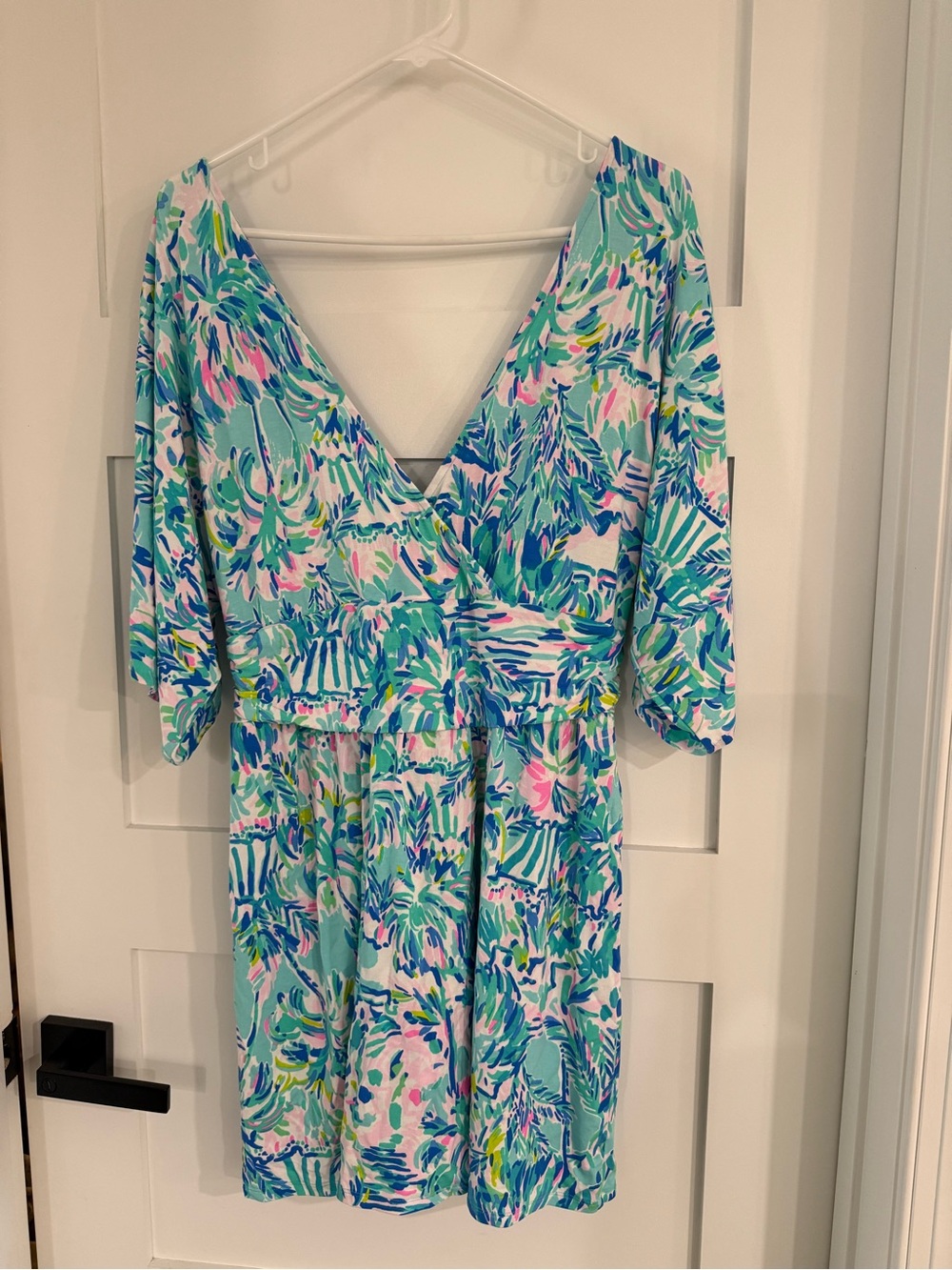 Lilly Pulitzer Aqua Floral Wrap One-Piece Romper with Pink and Blue Accents